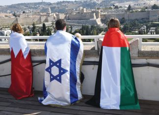 banderas emiratos israel y bahrein en jerusalem